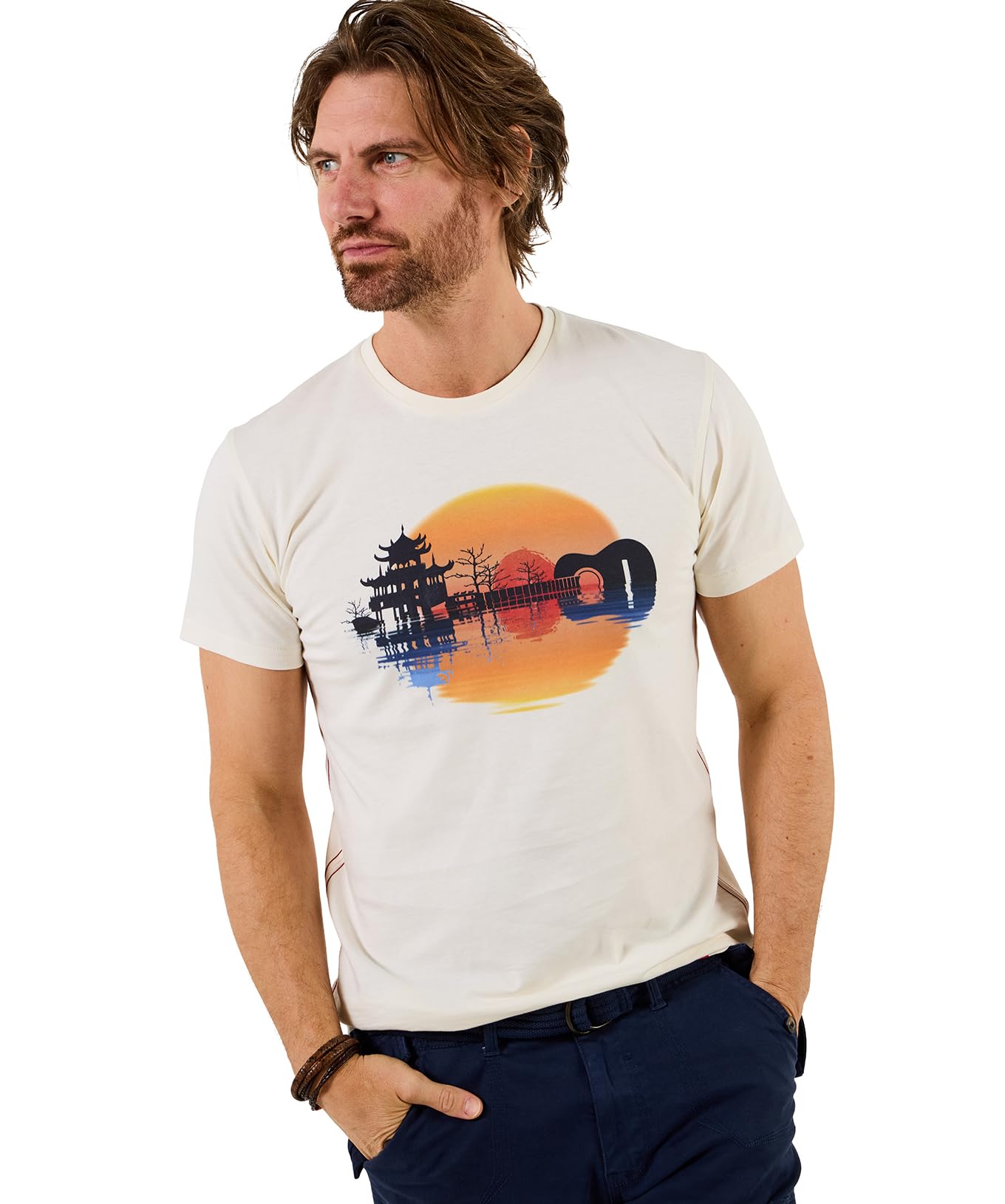 Joe Browns Men's Guitar Landscape Graphic Tee, Regular, Cream, UK XXL
