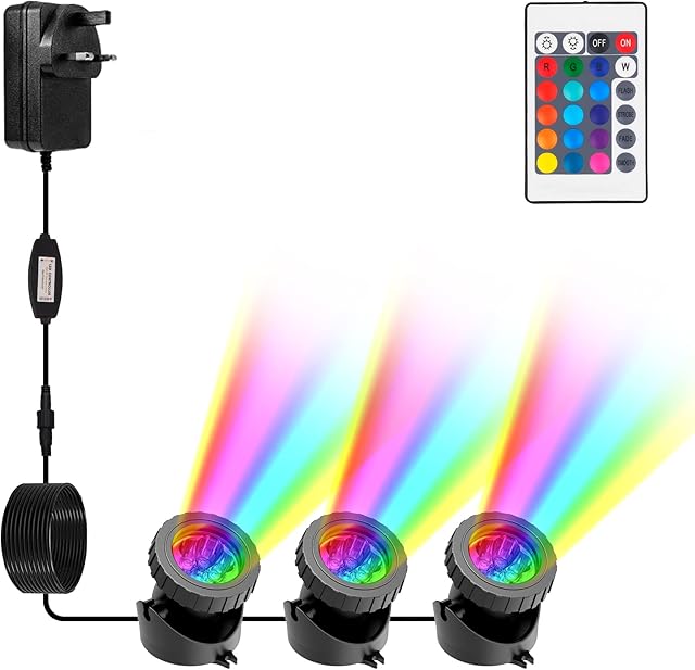 NATPOW Pond Lights Mains Powered, RGB Underwater Spot Light Aquarium Lights with Remote Control IP68 Waterproof Multicolour Submersible Lights for Fish Tank Garden Yard Pool Fountain Pond(Set of 3)