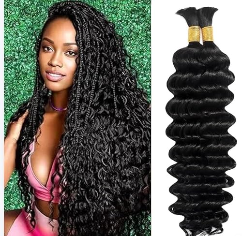 18 Inch Human Braiding Hair for Boho Braids 110g Natural Black 18Inch No Weft 2 Bundles/Pack Deep Water Wave Boho Bulk Human Hair for Knotless Braiding Curly Water Wave Hair