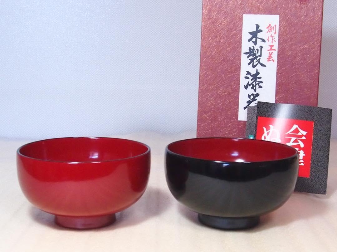 【美品】漆器 椀 2個セット 黒 赤 お椀　汁椀　木製　最上級　漆塗り　会津塗り Amazon.co.jp: 会津塗 創作工芸 木製漆器 汁椀 2客ペア 朱塗黒塗 吸物