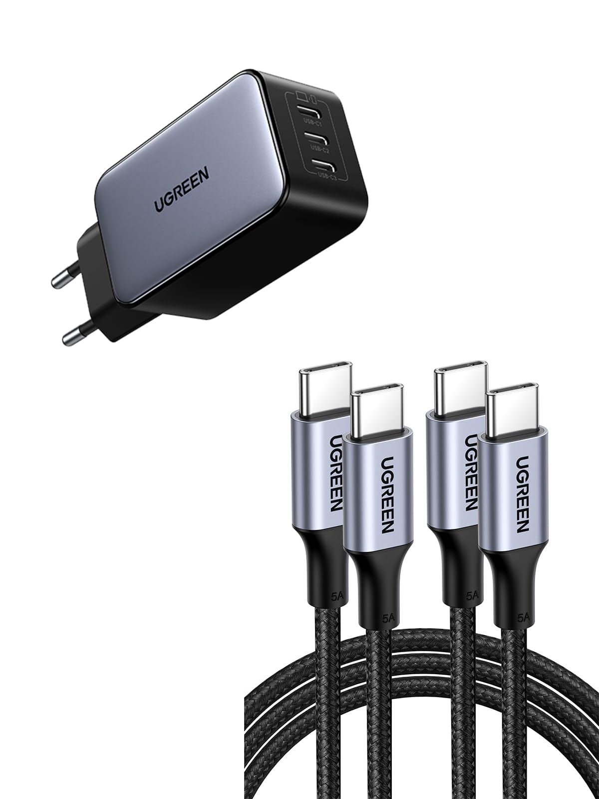 UGREEN Nexode 65W Chargeur Triple USB C GaNInfinity avec Lot de 2 Câble USB C vers USB C PD 100W