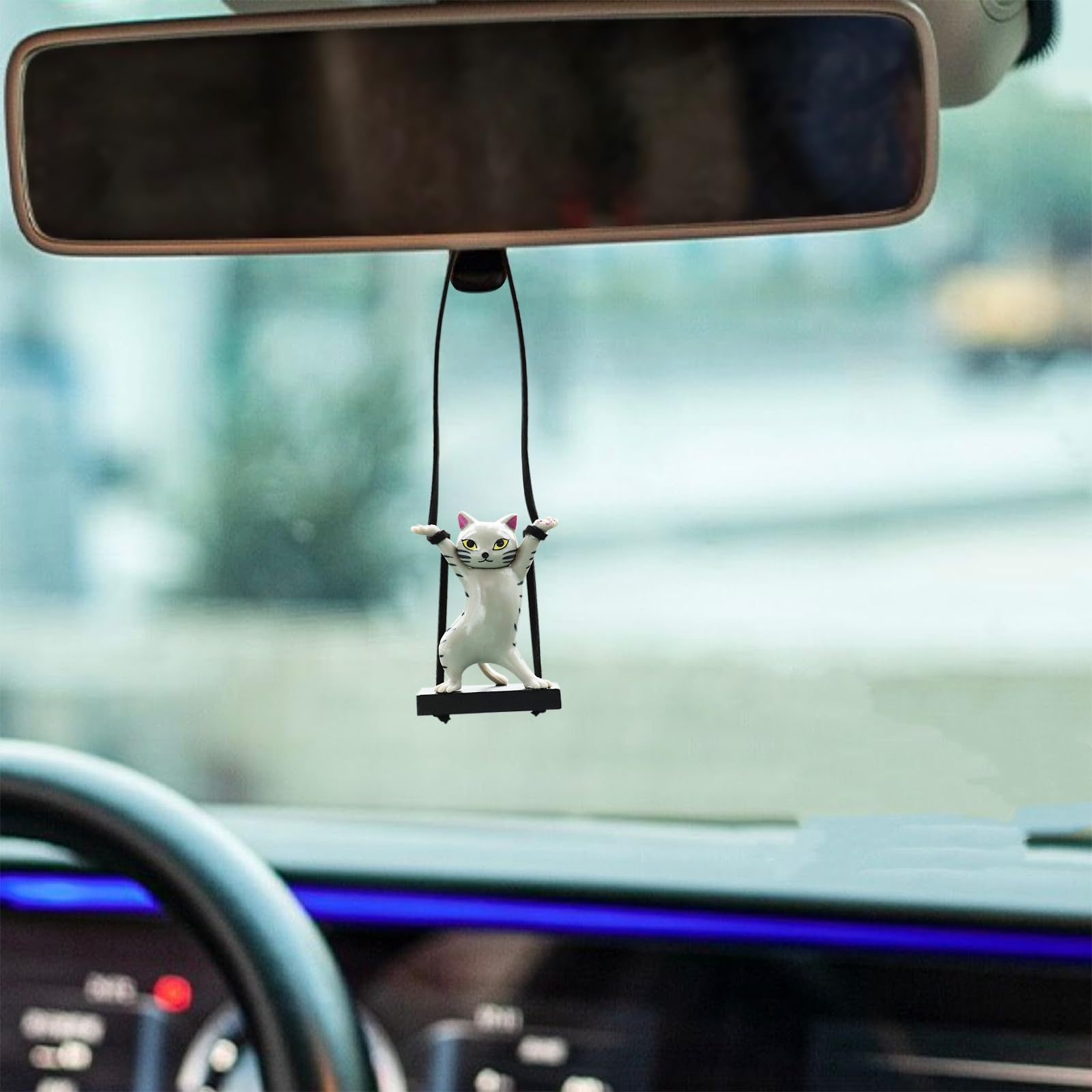 Yueser 3 Katten Binnenspiegel Hangers - Auto Achteruitkijkspiegel Ornamenten, 6x4,5cm, Wit/Oranje