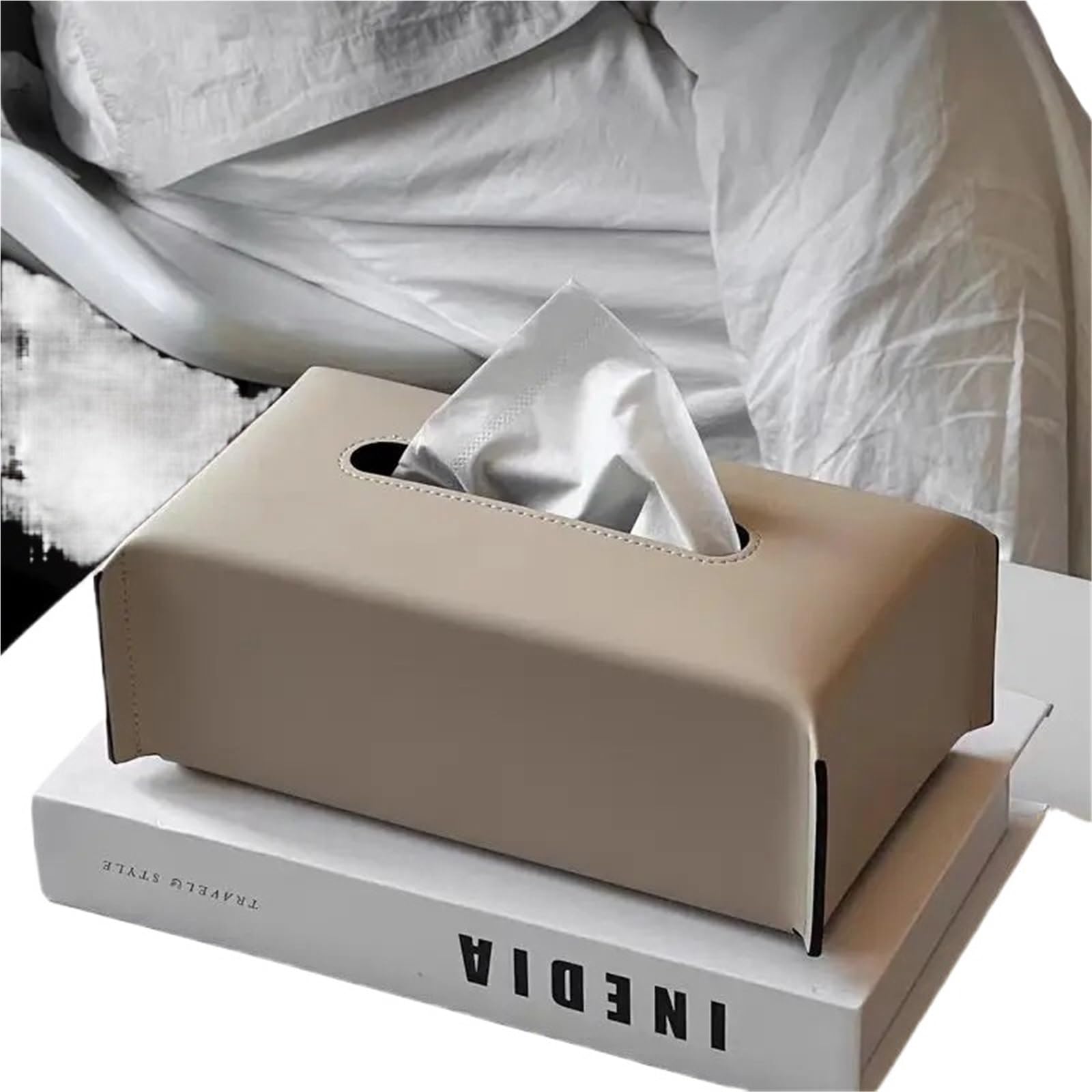 Woven Tissue Box Leather Napkin Case Luxury Paper Cover Living Room Tissue Paper Holder Desktop Home Tabletop Decoration(Milk tea)