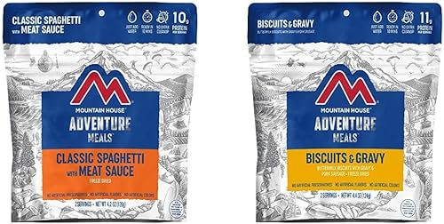Mountain House Espaguetis clásicos con salsa de carne + galletas y salsa Comida liofilizada para mochileros y campamento 2 porciones cada uno