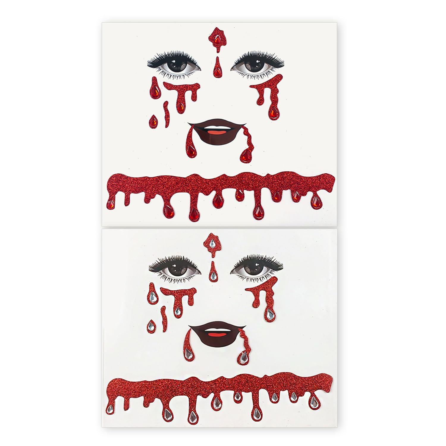 JNAWA 2Pieces Halloween Vampire Makeup Stickers Glitter Face Jewels Fake Blood Drop Funny Halloween Stickers for Women Vampire Costume Accessories