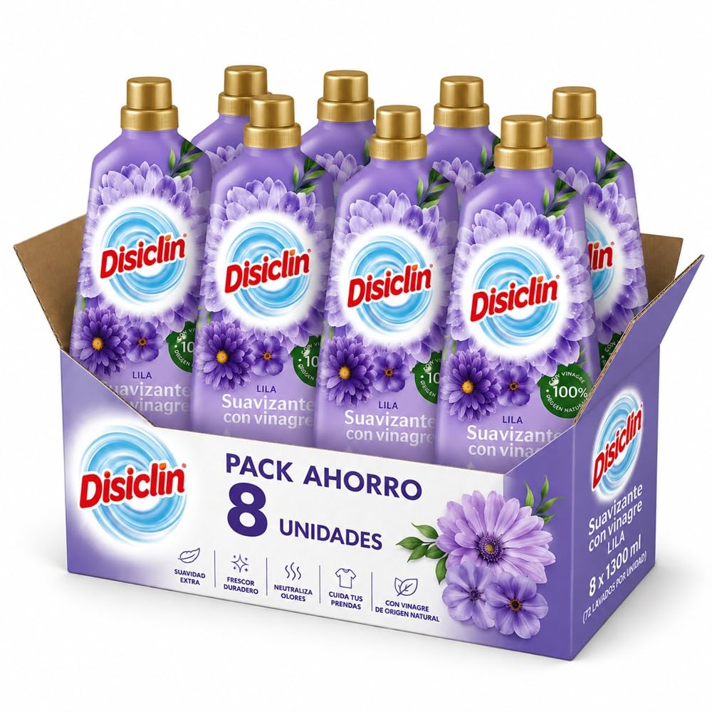 Disclin Suavizante con Vinagre Lila 1300 ml (Pack 8 unidades) | 72 Lavados por Botella | Suavidad y Frescor para la Ropa | Ayuda a Neutralizar Olores | Cuidado Diario de los Tejidos | RASMACOR