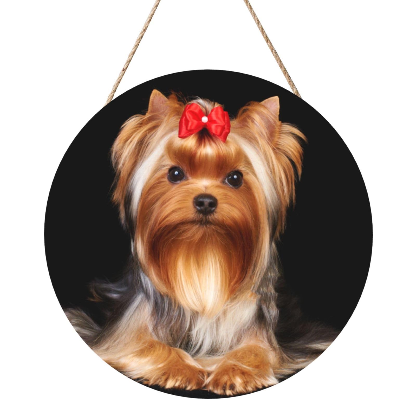 InOmak Yorkshire Terrier And Ribbon, Round Wood Panel Painting 12 in, Wall Hanging Painting For Home