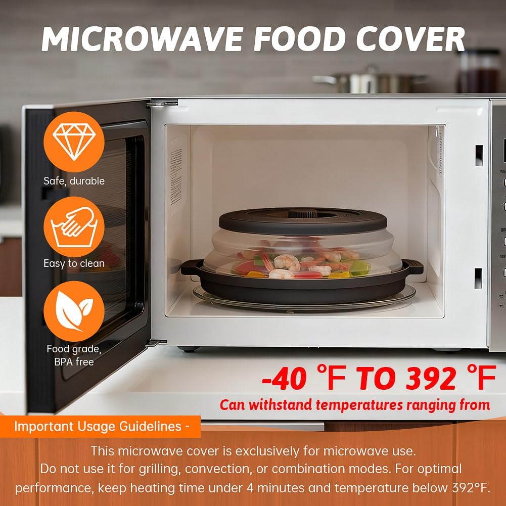 Collapsible Microwave Splatter Cover for Food with Base Mat,Silicone Microwave Plate Cover,Vented Silicone Splatter Guard Lid Vegetable Fruit Colander for Even Heatin(27 * 9.5cm,COLOR:Black)