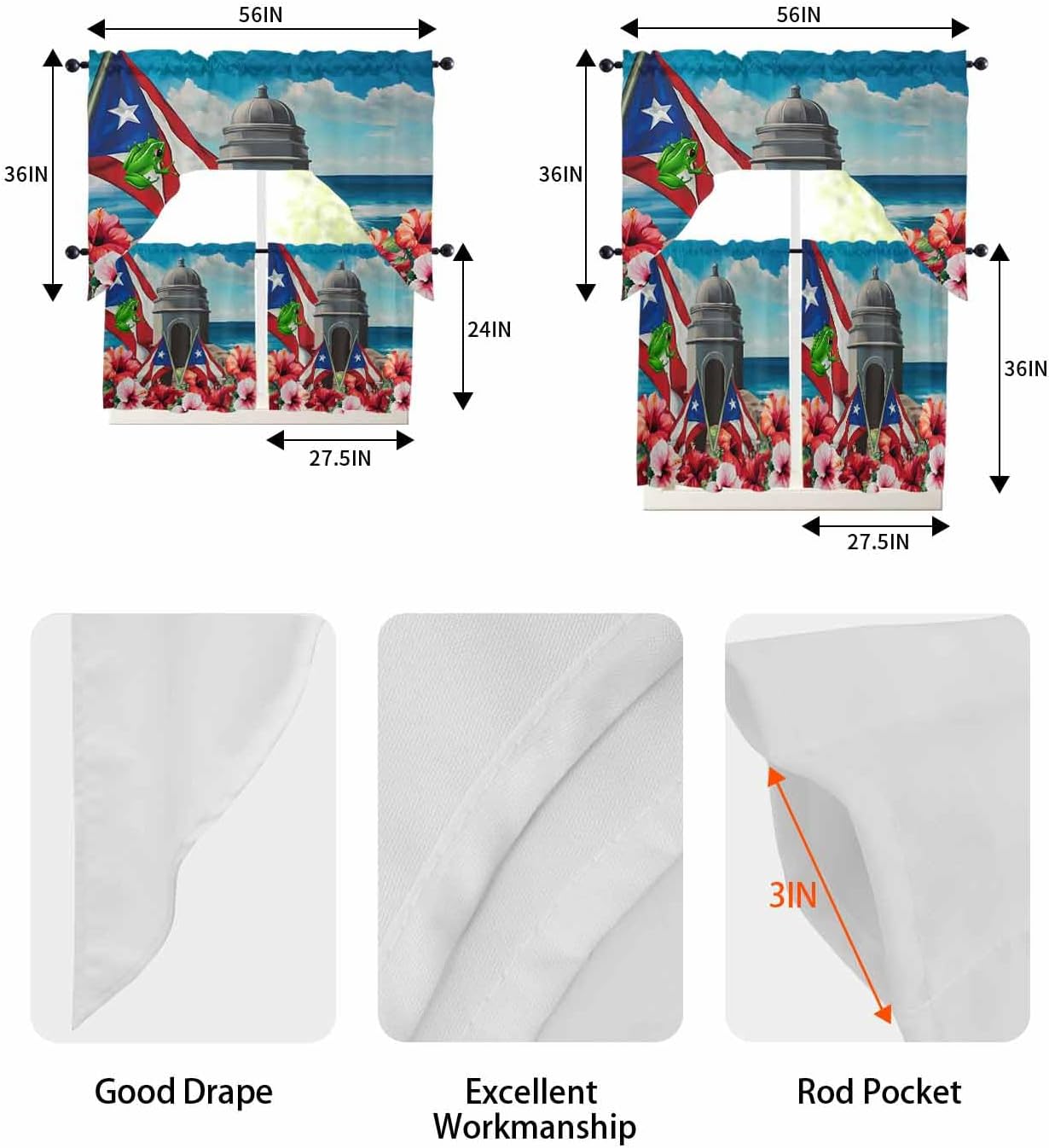 Puerto Rico Flag Swag Kitchen Curtain Sets with Valance,3 Pieces Red Blue Flag Flower Frog Ocean Boho Curtain Drapes Rod Pocket for Bedroom Bathroom Cafe Windows,56''x36'' & 24''x27.5''x2Panels