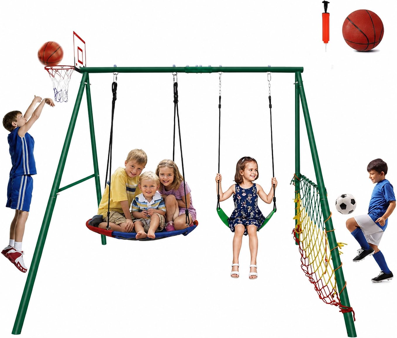 CYFIE Swing Set, Outdoor Playset for Kids with Saucer Swing, Belt Swing, Heavy Duty Metal Frame Swing Stand, Basketball Hoop and Soccer Goal, Swing