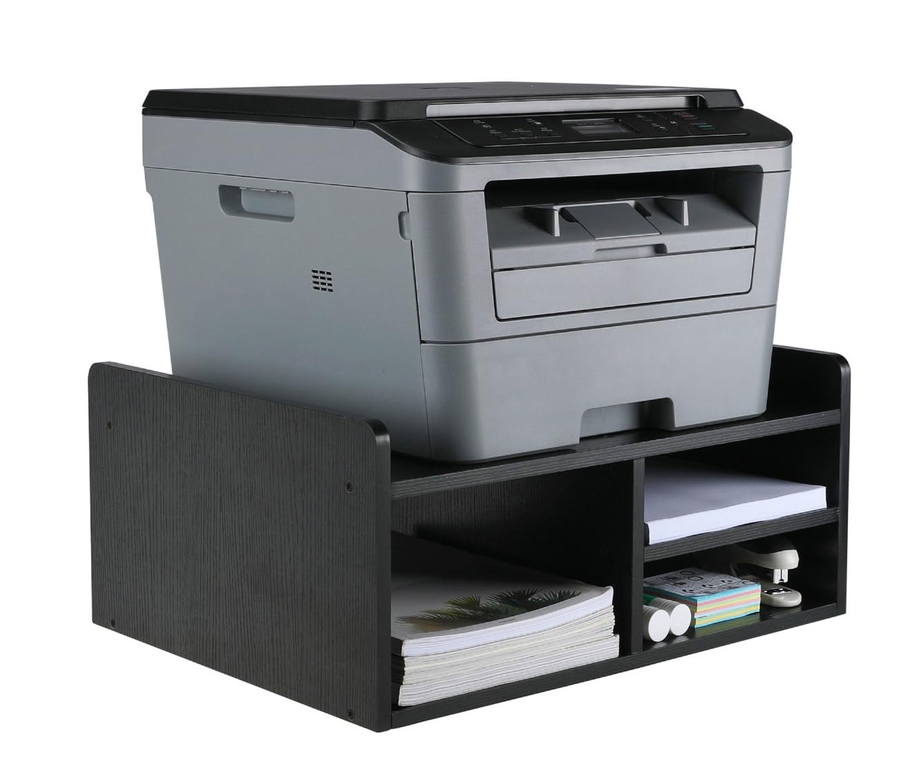 EasyPAG 4 Compartimentos Madera Soporte Impresora Escritorio Estantería Oficina Organizador Papeles A4 Estante Impresora Mesa Almacenamiento para Fax,Negro