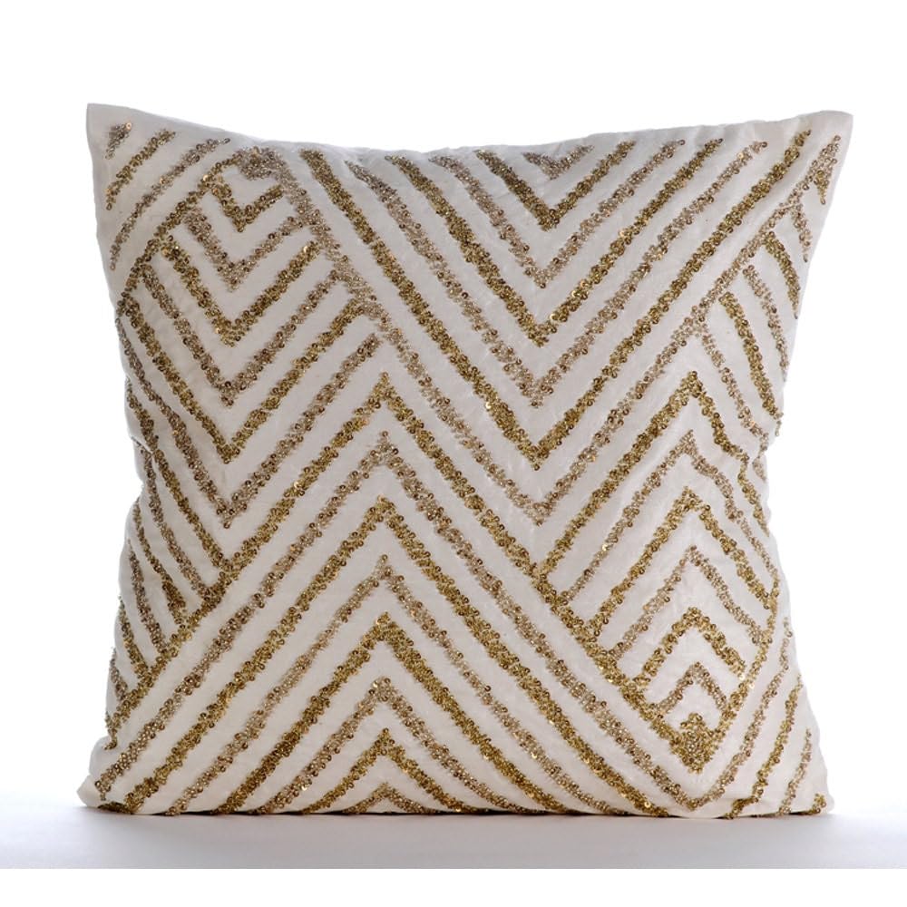 The HomeCentric Ivory Decorative Cushion Cover, Sequins Chevron Zig Zag Glitter Cushions Cover, 45x45 cm (18x18 inch) Throw Cushion Covers, Cotton Linen Throw Cushions Cover - Gold Silver Tinsel โ image 1