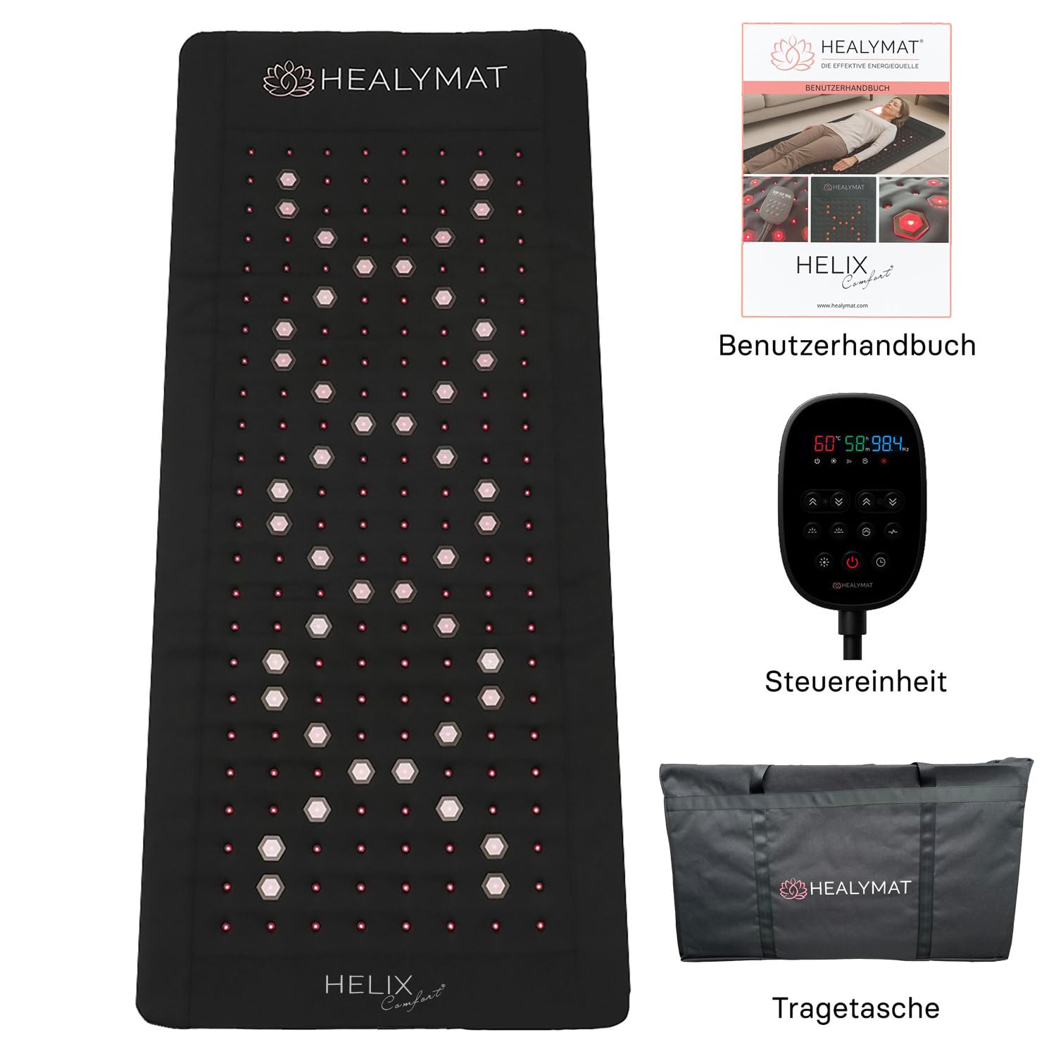 Helix Comfort mata do terapii światłem czerwonym, terapia polem magnetycznym, mata na podczerwień, 660 nm i 850 nm, światło biofotonowe, jony ujemne, rezonans Schumanna, optymalizuje procesy