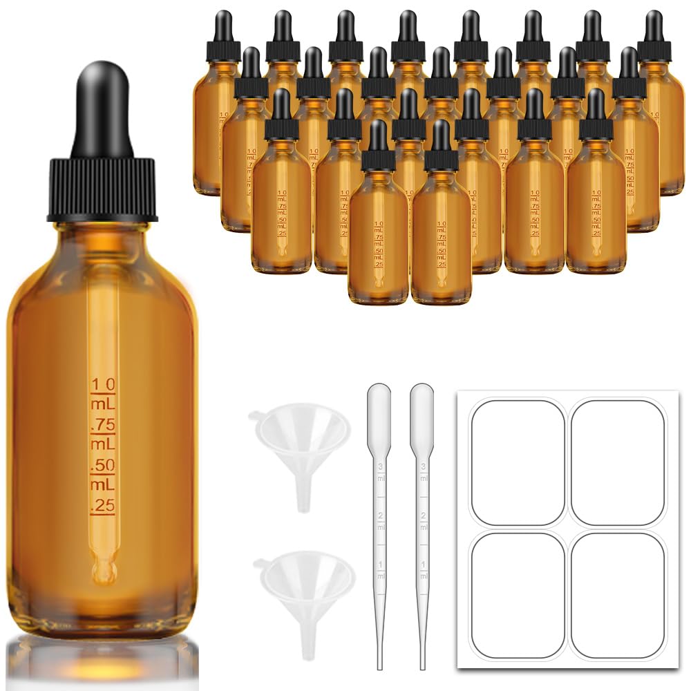 12 Flacons Compte-Gouttes En Verre Ambré 60ml - Avec Pipettes, Entonnoirs Inox & Étiquettes | Huiles Essentielles