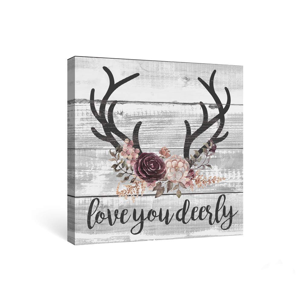SUMGAR Farmhouse Wall Art Bedroom Rustic Decor Pink Flower Pictures Bathroom Boho Grey Canvas Paintings Gray Deer Quotes Prints Black Antler Artwork Small Panel Dorm Gifts,12x12 inch