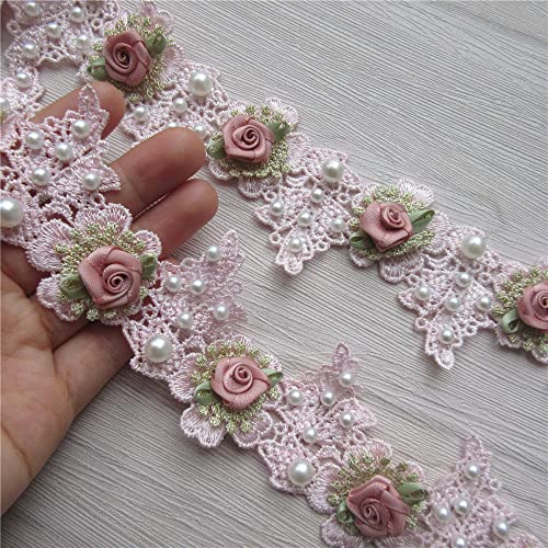 1 Yard Vintage Pink Gold Pearl Rose Flowers Lace Trim Fabric Rhinestone Embellishment Floral Appliques Lace Ribbon Ornaments Handmade Diy Sewing Craft For Costume Hat Decoration 1.96" Wide #TOP3