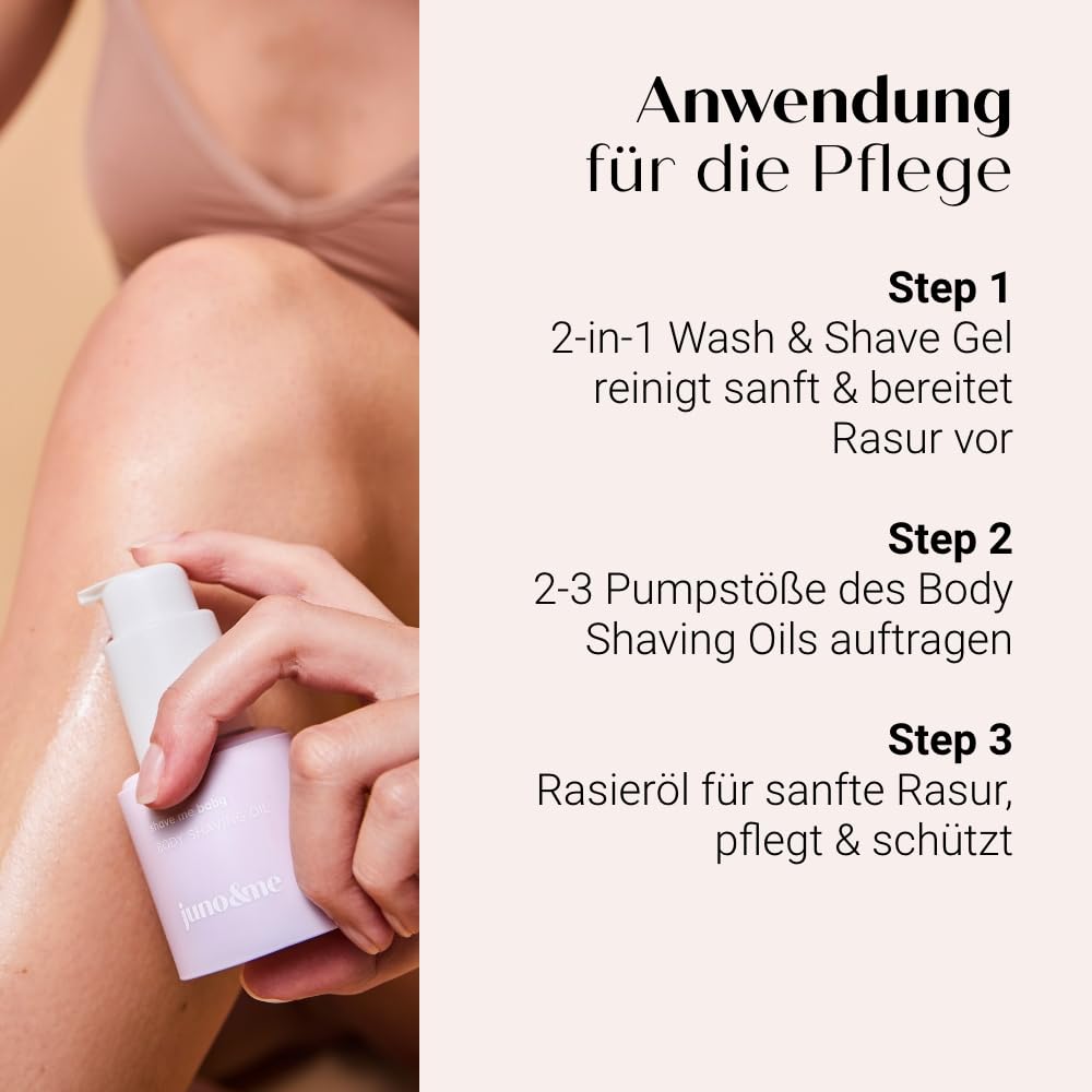 Juno & Me Happy Shaving Set 3er-Set Rasur Körper Rasieröl Rasiergel After Shave Öl Milchsäure Hanfsamenöl Aloe Vera gegen Rasierpickel eingewachsene Haare