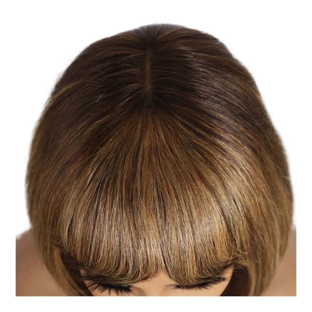 Parrucca corta for capelli umani Bob con frangia Parrucca piccola in pizzo 3x1 senza colla for donna Marrone con riflessi(12INCHES)
