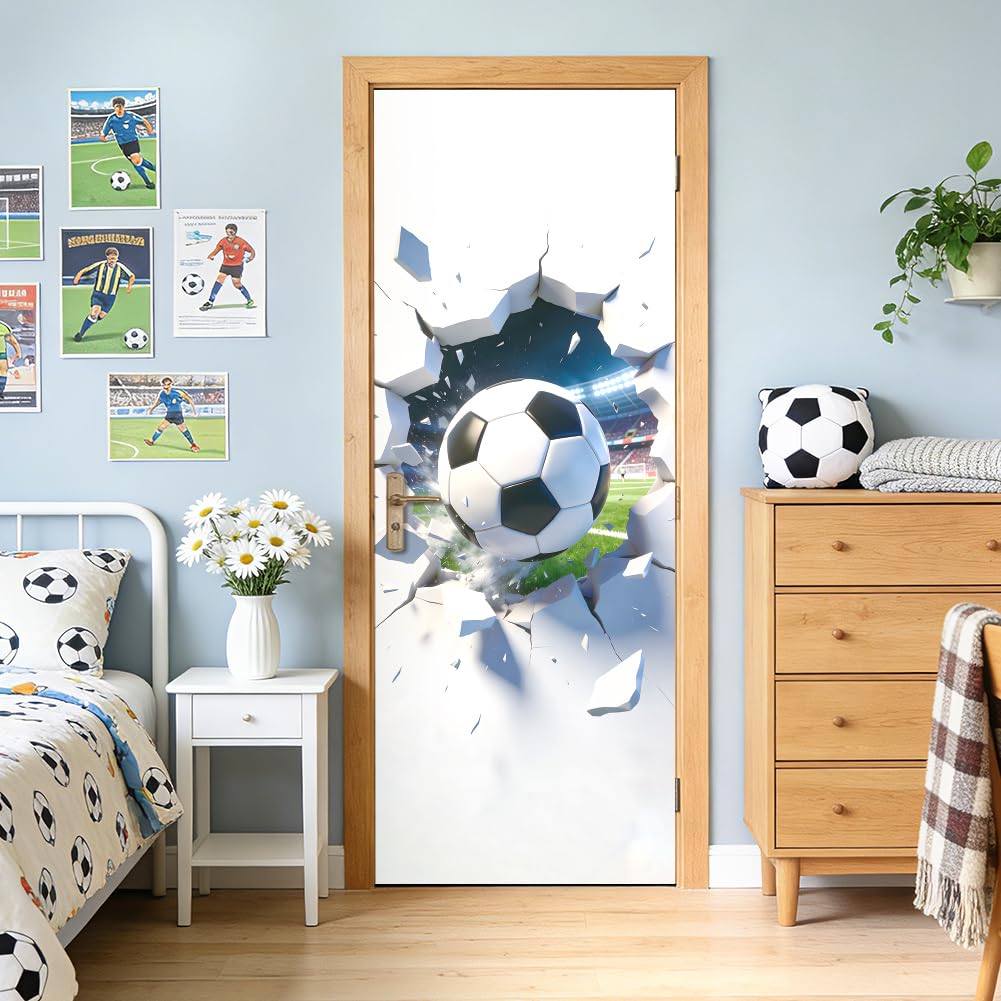 arricraft 2 Pcs 3D Self-Adhesive Door Sticker, 31.5"x78.7" Football Soccer Ball Coming in Cracked Wall Decorations Door Murals Stickers PVC Removable Wallpaper Decoration for Bedrooms Living Room