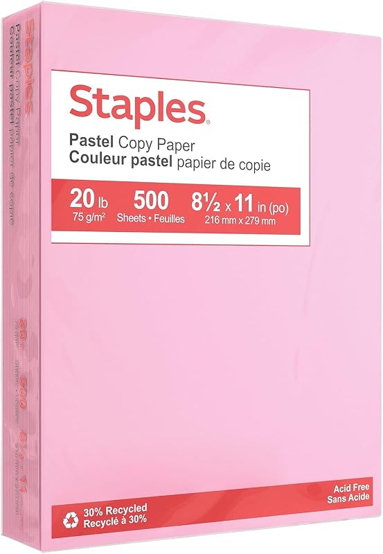 Staples Pastel Colored Copy Paper, 8.5x11 Inch, Pink, 500/Ream | Colored multipurpose paper for office, school & home printing and projects.