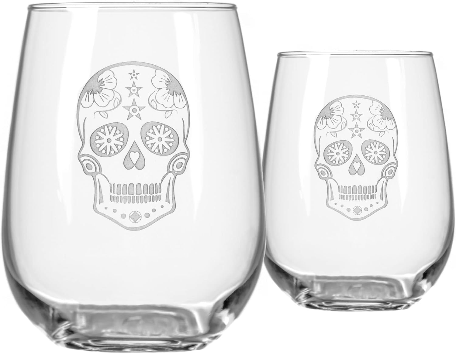 Rolf Glass Sugar Skull Stemless Wine Tumbler 17 ounce - Stemless Wine Glasses - Lead-Free Glass - Etched Tumbler Glasses - Proudly Made in the USA (Set of 2)