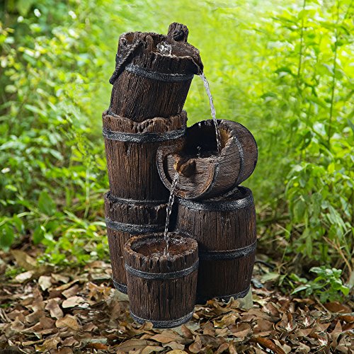 Peaktop Outdoor Vintage 3-Tier Cascading Barrel Waterfall Fountain, Brown
