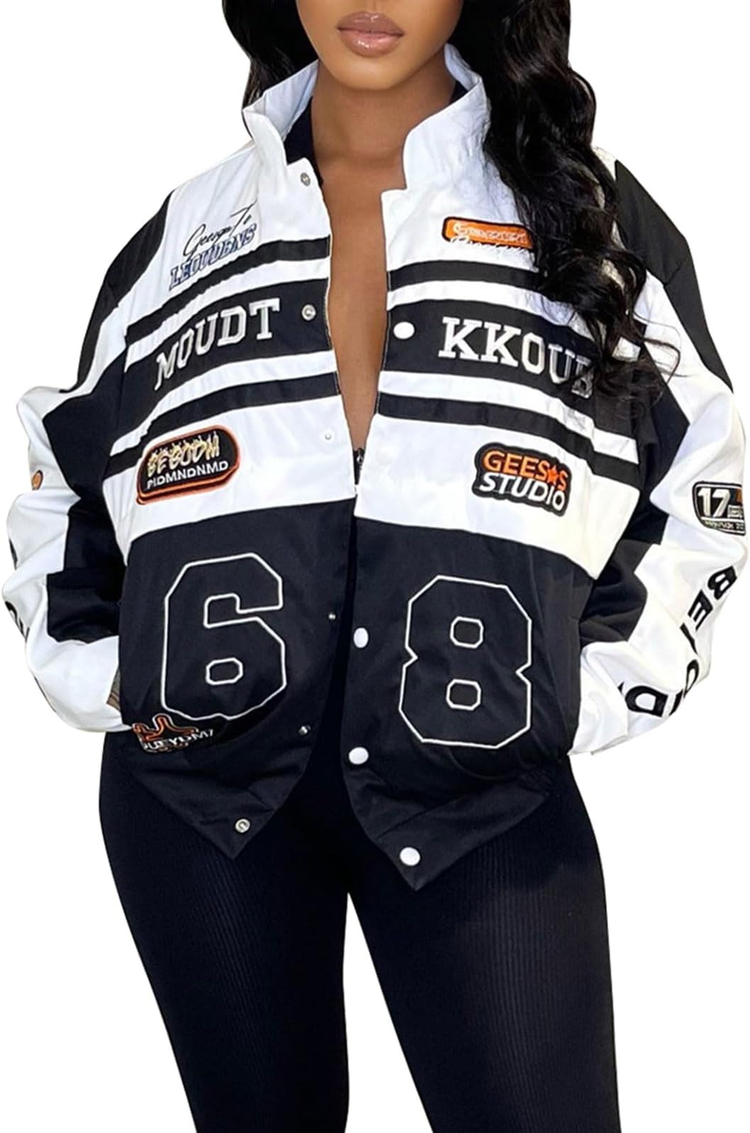 Angsuttc Varsity Jacket Women Motorcycle Detachable Letter Graphic Racer Jackets Vintage Color Block Baseball Street Coats