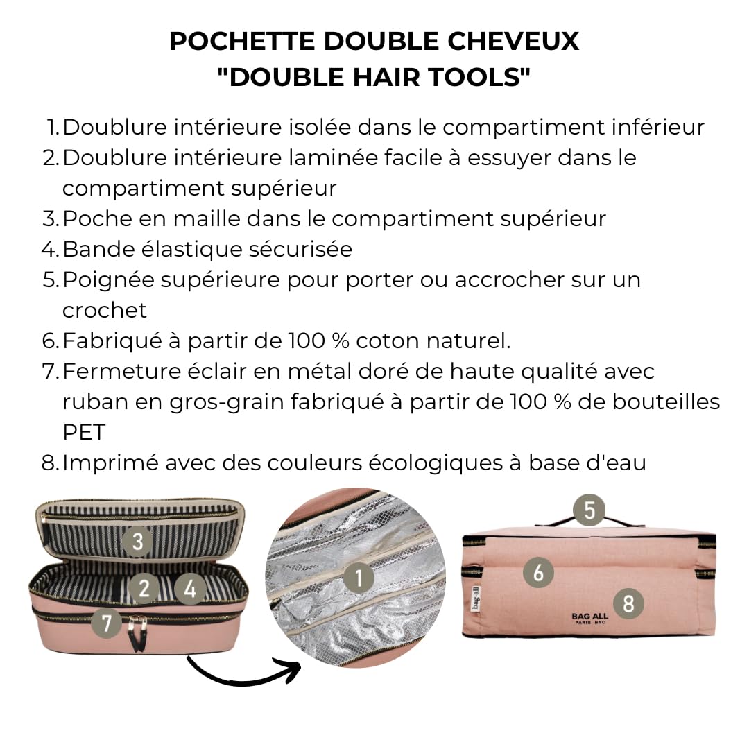 Bag-all Trousse Double pour Outils Cheveux | Étui Résistant à la Chaleur pour Lisseur & Fer à Boucler | Pochette Voyage pour Accessoires Cheveux | Housse Organisateur Femme | Rose Clair