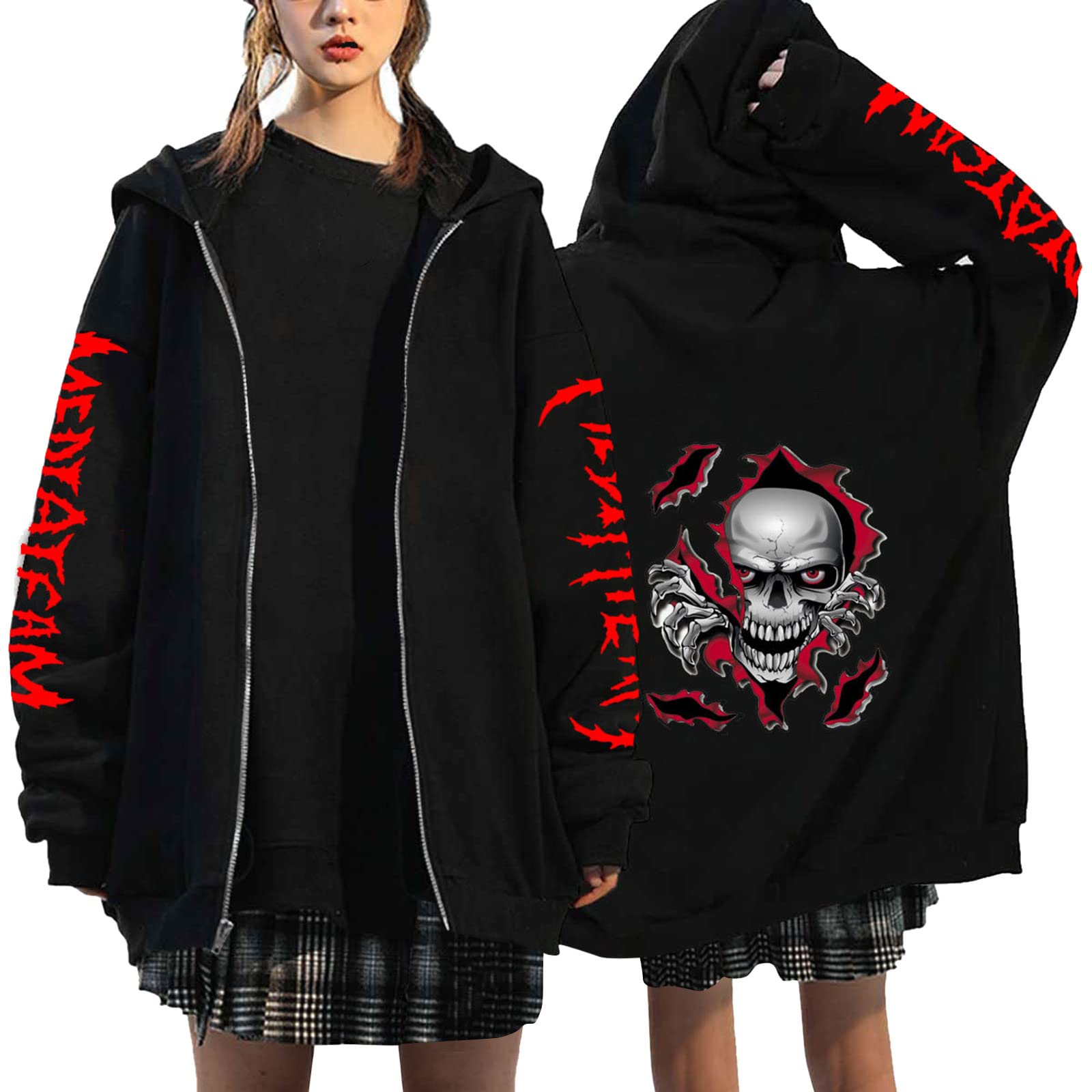 HZMMWomens Oversize Sweatshirt Womens Long Sleeve Hoodie Top Gothic Printed Full Zipper Sweatshirt with Pockets Casual Autumn Winter Outerwear Tops fit Teenage Girl Ladies