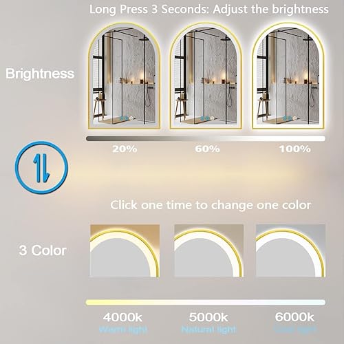 Miniatura 4 de Espejo de tocador de baño dorado de 20 x 32 pulgadas con arco de marco dorado claro, espejo LED para pared de baño, espejo iluminado arqueado, anti