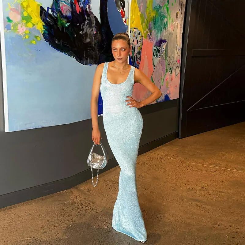 Image of YELLOOP Knit Maxi Dress Long Bodycon Dresses Old Money Elegant Cocktail Long Sweaters Y2k (Blue,Small)