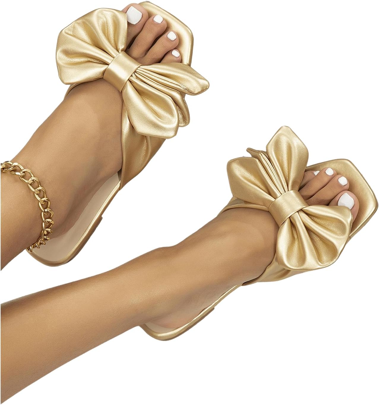 GORGLITTER Women's Bow Flat Sandals Dressy Square Open Toe Wedding Dress Summer 2026 Comfortable Slip On Slide Sandals - Image 3