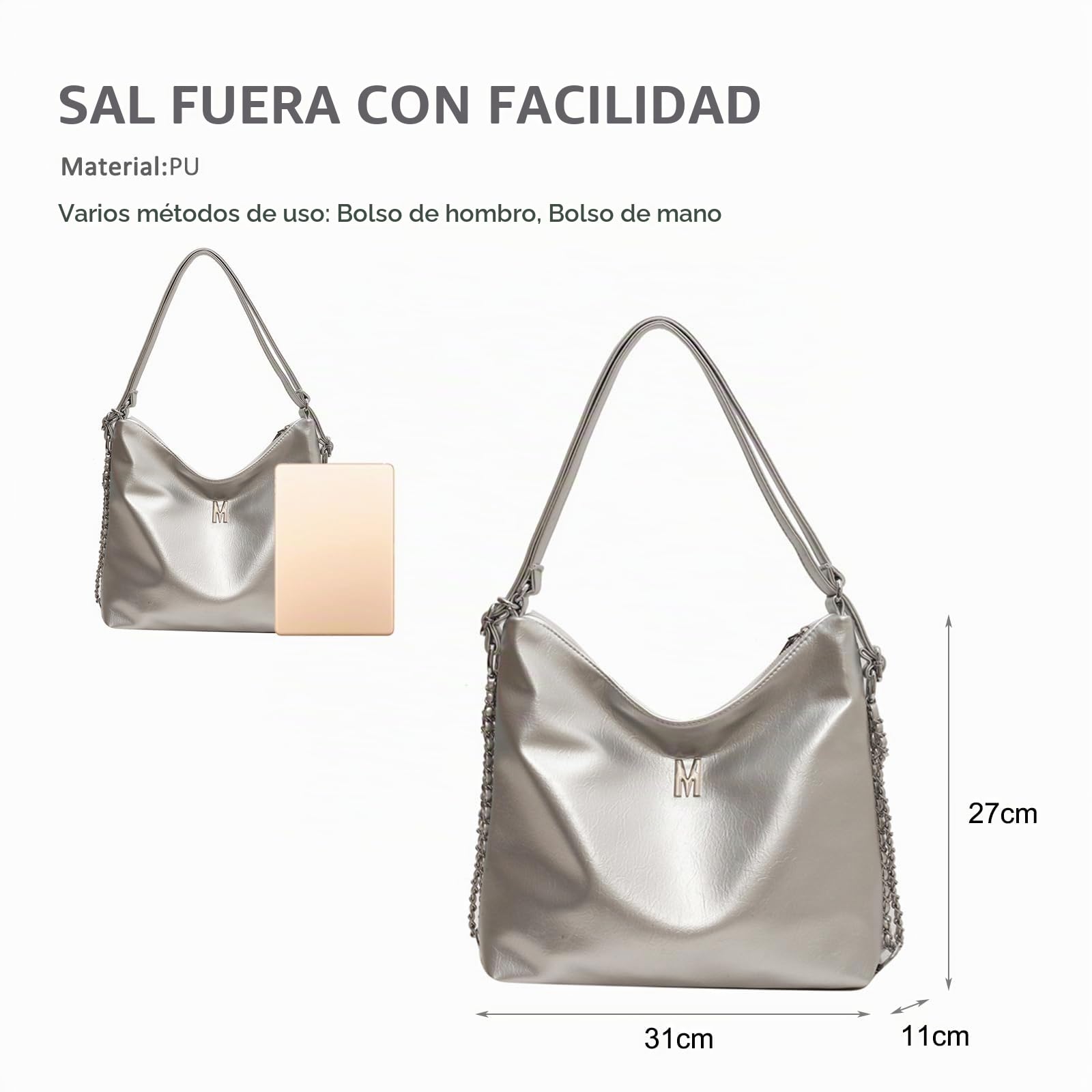 NICOLE & DORIS Bolso Tote Mujer Bolso Grande Bandolera Bolso Hombro PU Cuero Suave Bolso de Mano Bolso Shopper Mochila Viaje Bolsos Hobo Plateado