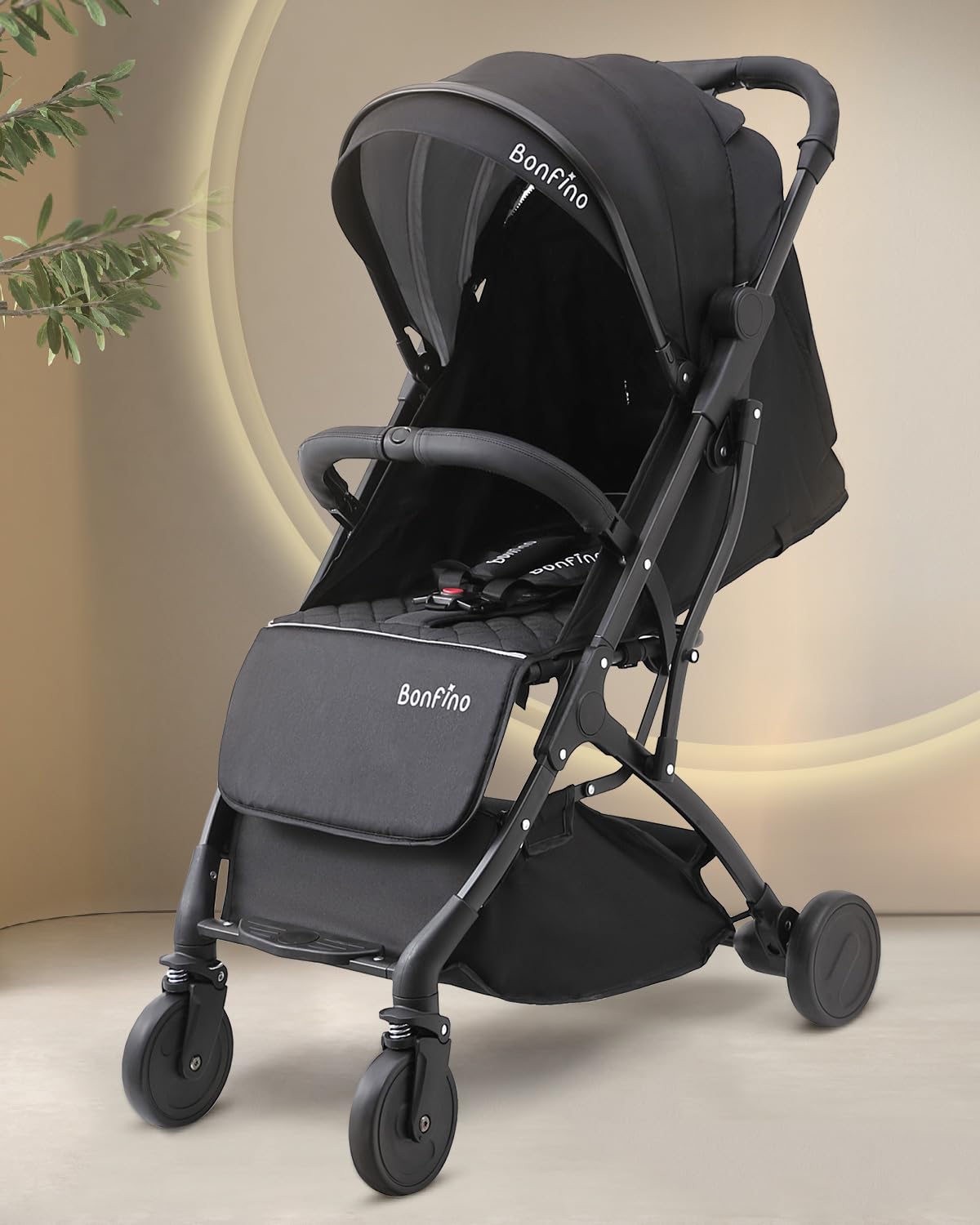 Bonfino Premium Runway Cabin Stroller with Adjustable Canopy & Reclining Seat, Foldable Baby Pram with 5 Point Safety Harness, Storage Bag, Mosquito Net & Bottle Holder,Trolley Handle,0-3 Years,Black-image-44