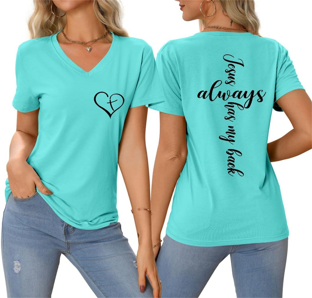 Jesus Christian Shirts Womens Jesus Always Has My Back Tshirt Religious Faith T-Shirt V Neck Inspirational Funny Top - Image 2