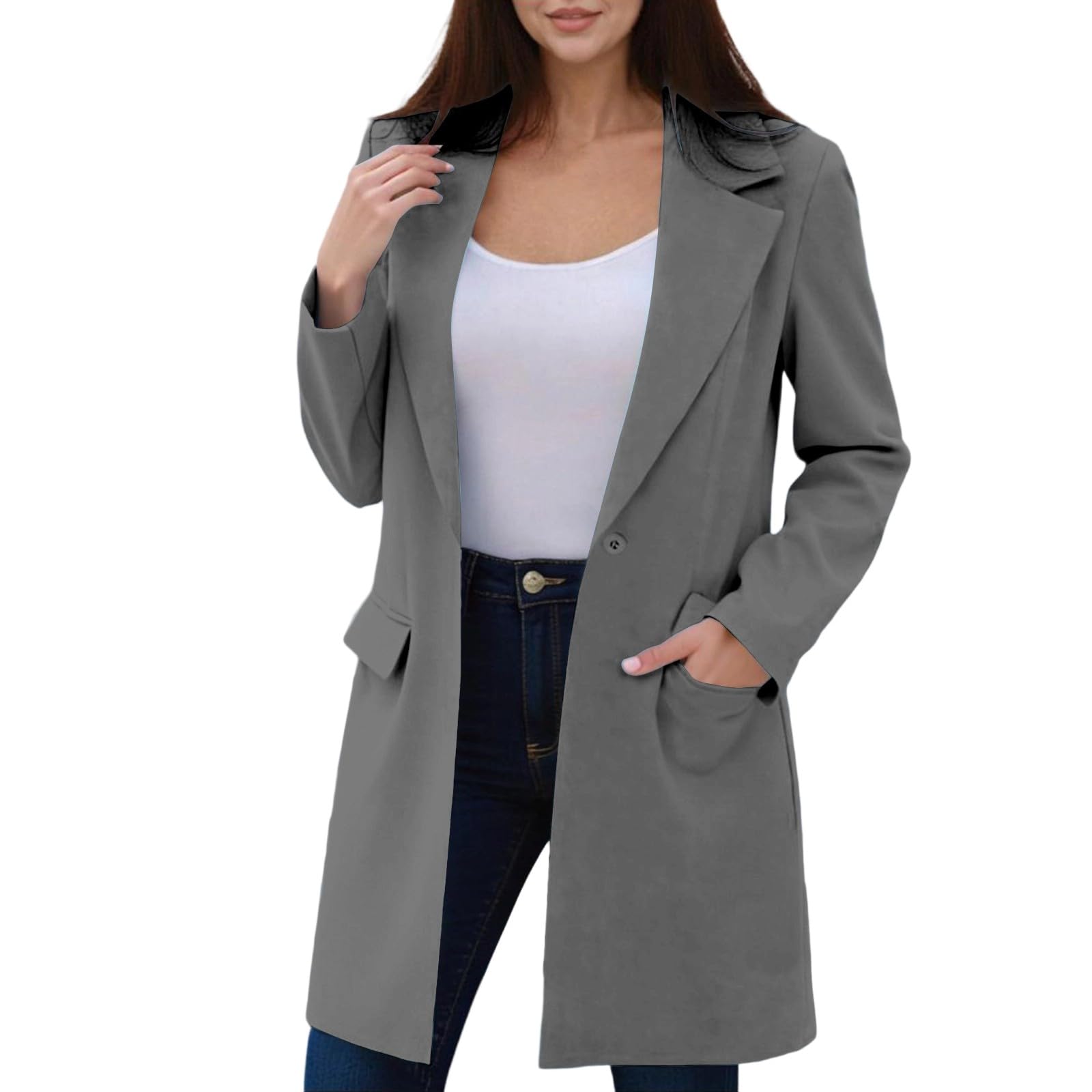 Oplxuo Womens Fall Long Blazer Jackets Long Sleeve Lapel Pockets Loose Fit Work Business Casual Blazers Outerwear