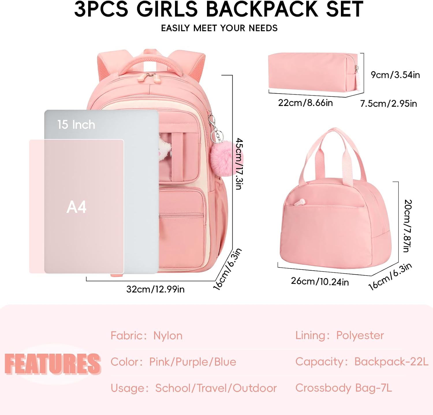 Amythe Girls Backpack for School, 3PCS Kids Backpack Set with Lunch Box image 3