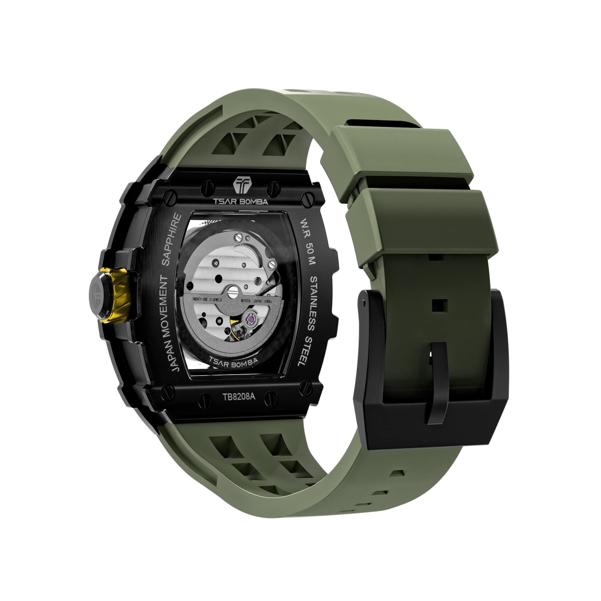 TSAR BOMBA Lujo Reloj Hombre Silicona Tonneau Automático Japonés Relojes de Pulsera para Hombre Esqueleto 50M Impermeable Cristal de Zafiro Luminoso Clásico Regalo para Hombres