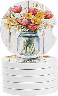 Spring Red Tulip Vase Car Coasters Pack of 6 Country Red White Yellow Flower Leaf Wood Grain Absorbent Ceramic Car Cup Holder Coaster Insert Drink Holder SUV Interior Accessory with Finger Notch