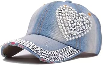 Bling Baseball Cap for Women Heart-Shaped Fancy Denim Bejeweled Sun Hat Studded Rhinestone Crystals Adjustable