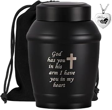 5.8 Inches Black Cross Stainless Steel Cremation Urn for Adult Ashes, Men or Women, Funeral Memorial Urn with Ashes Necklace