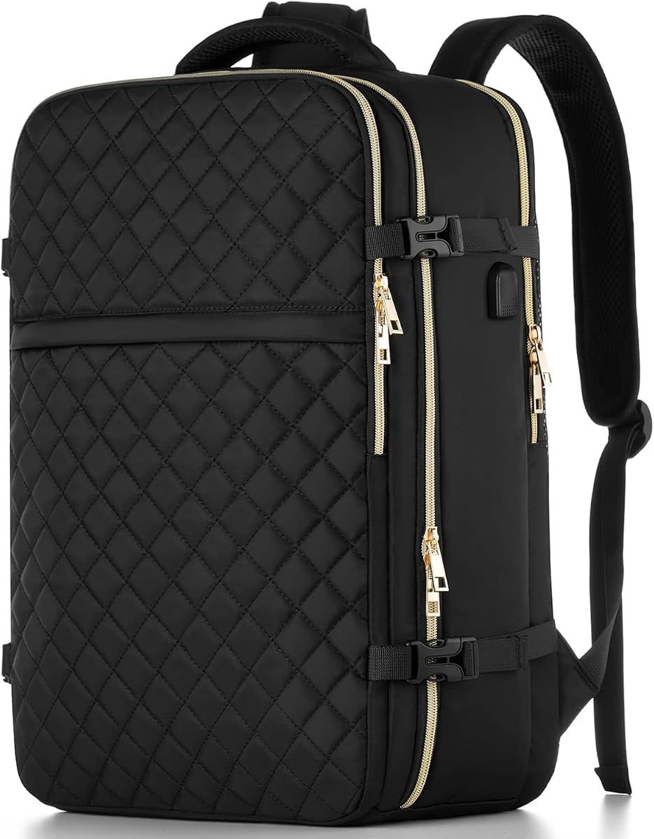 Mochila de viaje grande para mujer, mochila de mano aprobada por vuelo, mochila informal antirrobo resistente al agua, mochila escolar para computadora portátil de 17 pulgadas con puerto de carga USB, negro