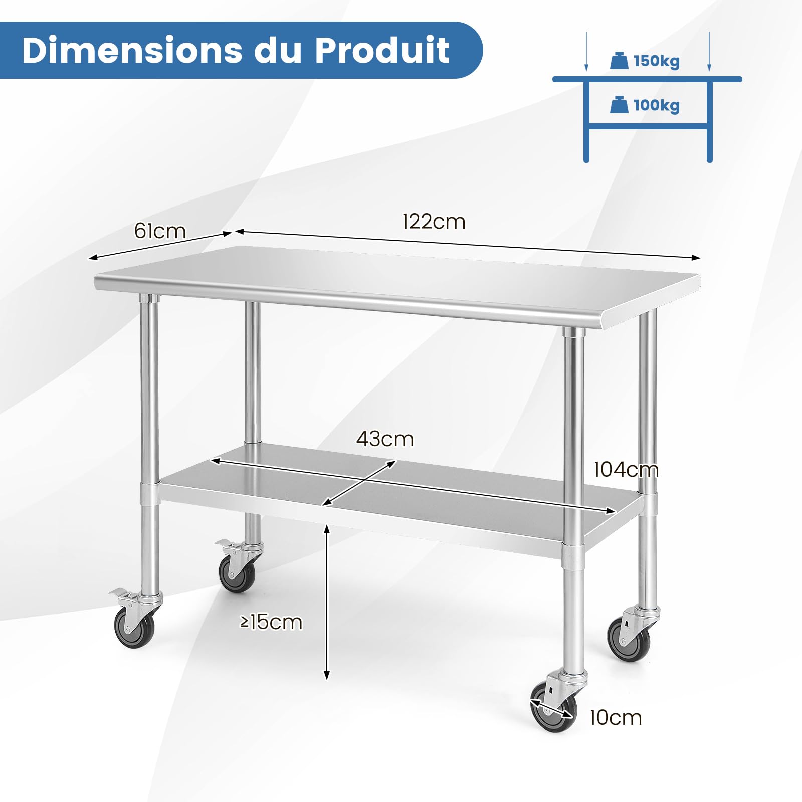 COSTWAY Table de Travail Cuisine 61 x 122 cm, en Acier Inoxydable à 2 Niveaux 2 Roues Verrouillables, Plateau Inférieure Réglable, Charge 250 kg, Extérieur/Intérieur pour Cuisine, Restaurant, Jardin