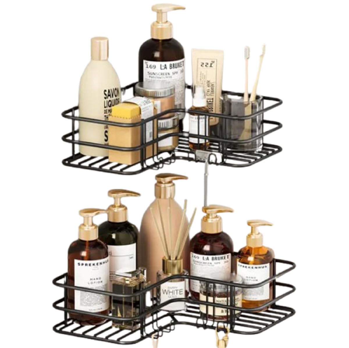 Kmxo Black Corner Shower Caddy No Drilling – Stainless Steel Bathroom Shelf Organiser With Soap & Razor Holder, Rustproof Shower Storage Rack For Bathroom Wall