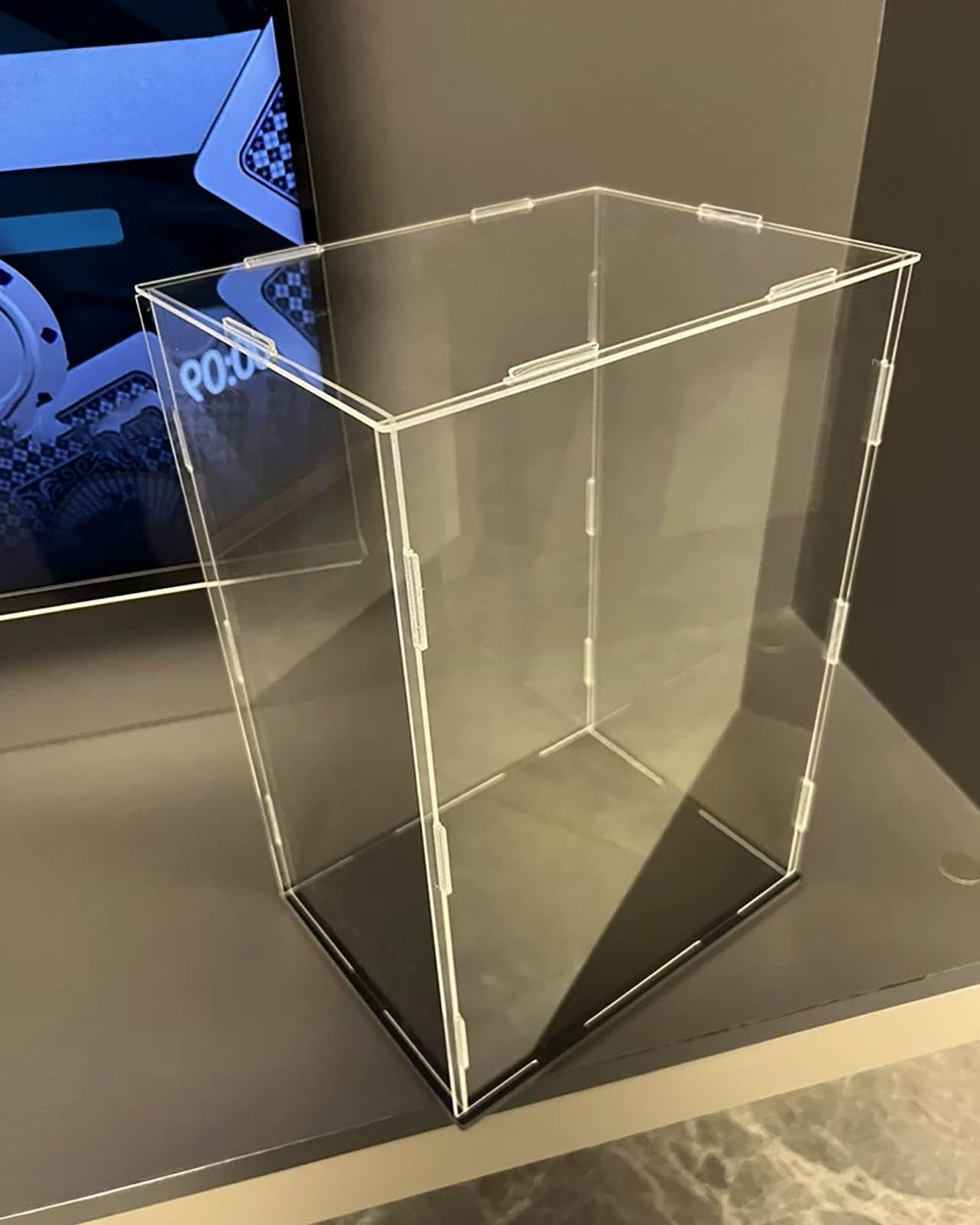 Tall Acrylic Figure Display Case with Clear Panels, Assemble Countertop Box for Collectibles, Dustproof Plastic Storage Bins(Black Base,10x10x10cm)