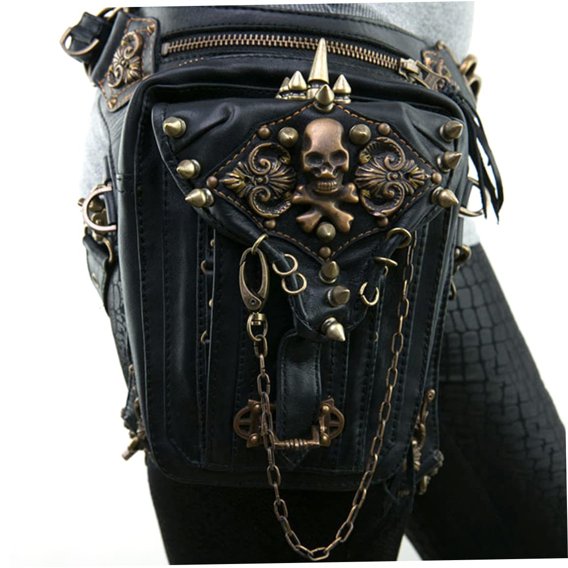 Xweptuy Steampunk Waist Bag for Women Men Vintage Gothic Skull Shoulder Bag PU Leg Retro Crossbody for Motorcycle Hiking