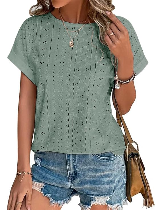 POMTIMCO Bluse Damen Sommer Elegant Lochstickerei Tshirt Rundhals Luftige Lockere Oberteile Kurzarm Lässig T-Shirt Sommershirt Grün S