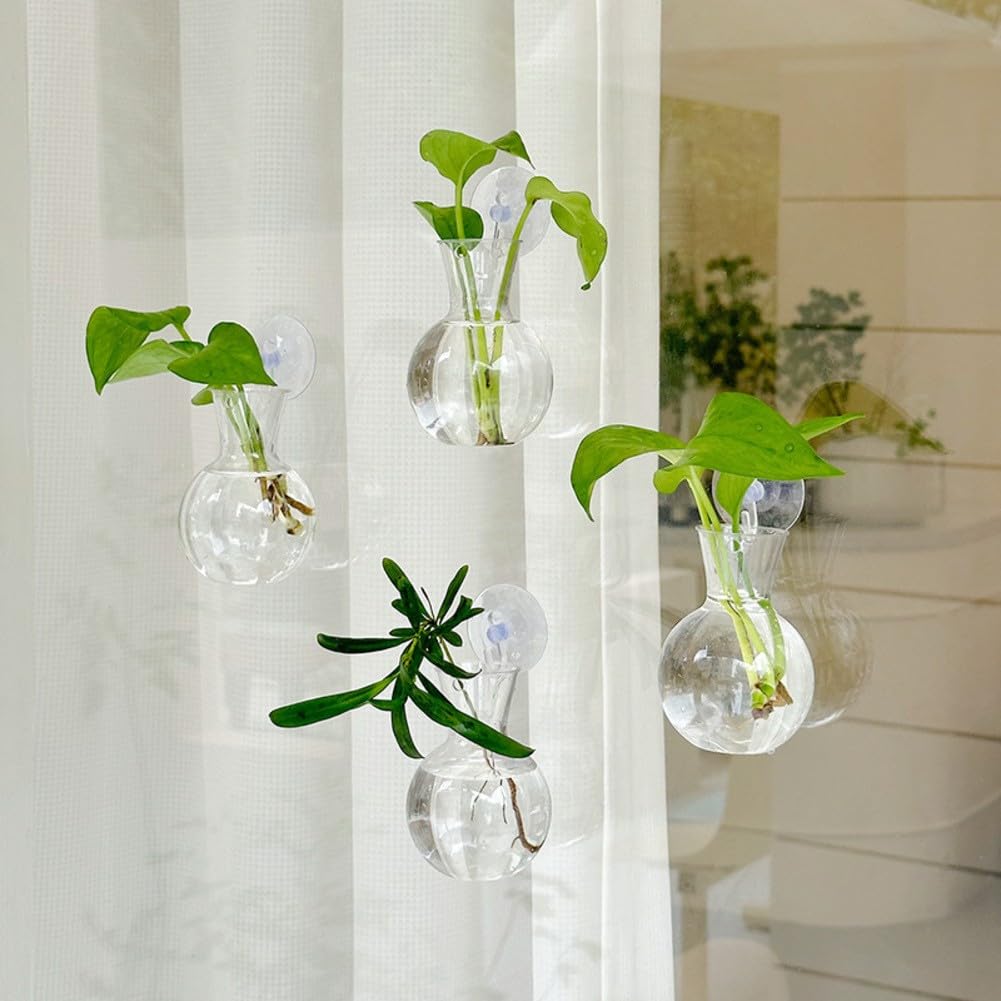 Kivivaka Transparent Bulb Vase with Suction Cups, Hanging Propagation Station Water Plant Cuttings, Clear PE Flower Pot 2 Set