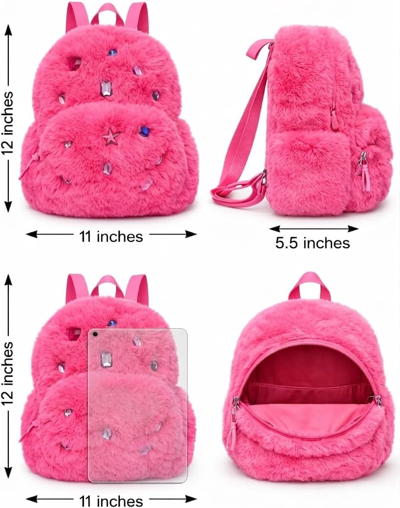 Fluffy Faux Fur Backpack for Girls, Hot Pink, Jewel Embellished with Front Pocket, 12 x 11 x 5.5 Inches
