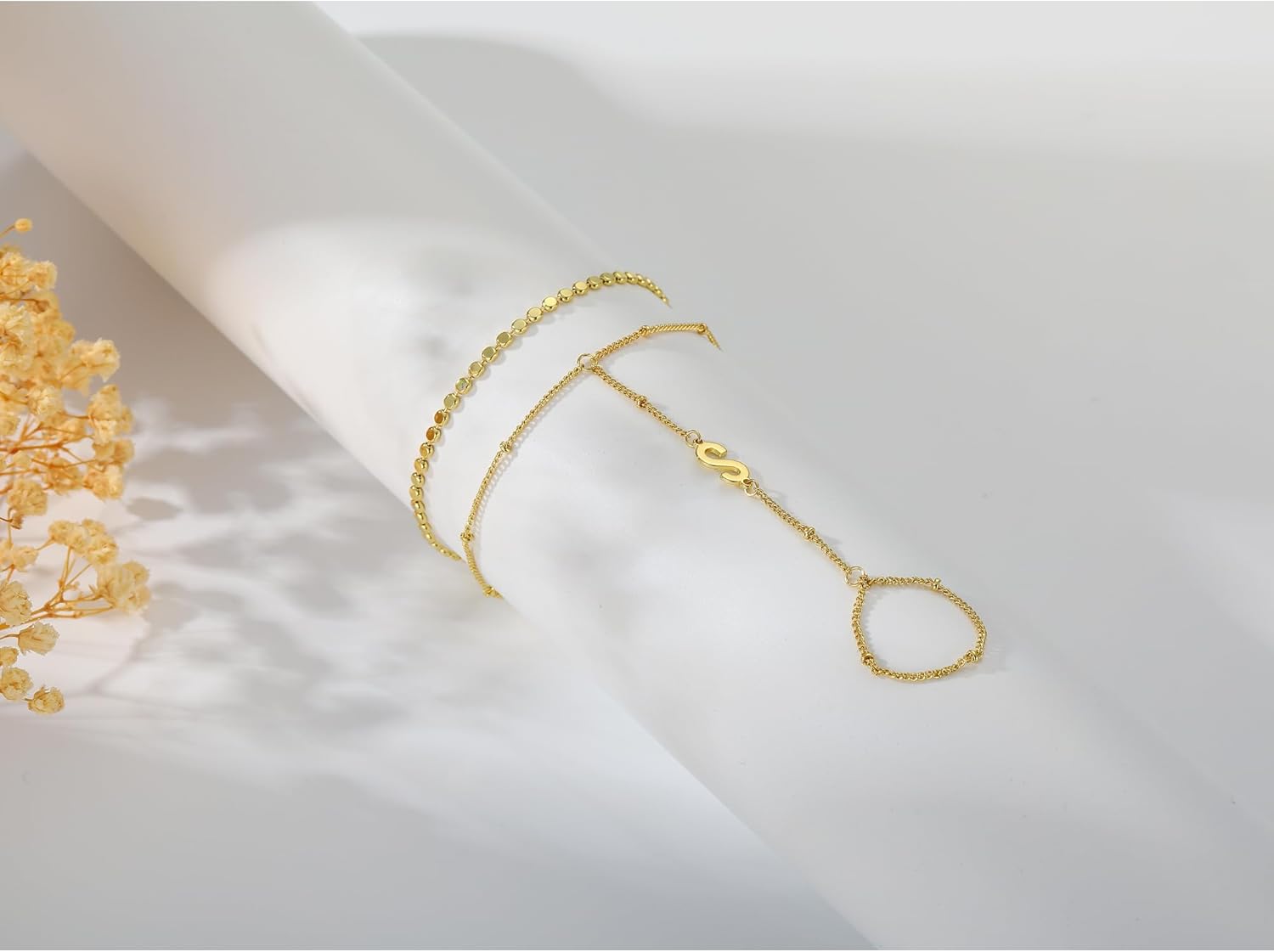 Ascona Valentines Day Gifts for Her Initial Hand Chain Bracelet for Women-14K Gold Plated Ring Bracelet Hand Chain for Women Trendy,Dainty Letter A-Z Link Charm Stack Bracelets Set Jewelry Gifts - Image 8